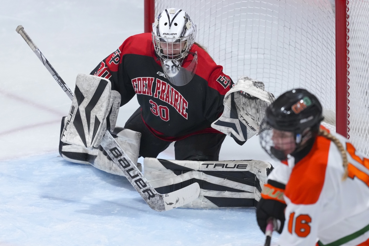 Eden Prairie goalie Rylee Lorton drops into position to make a save during the Nov. 14 game against Grand Rapids.