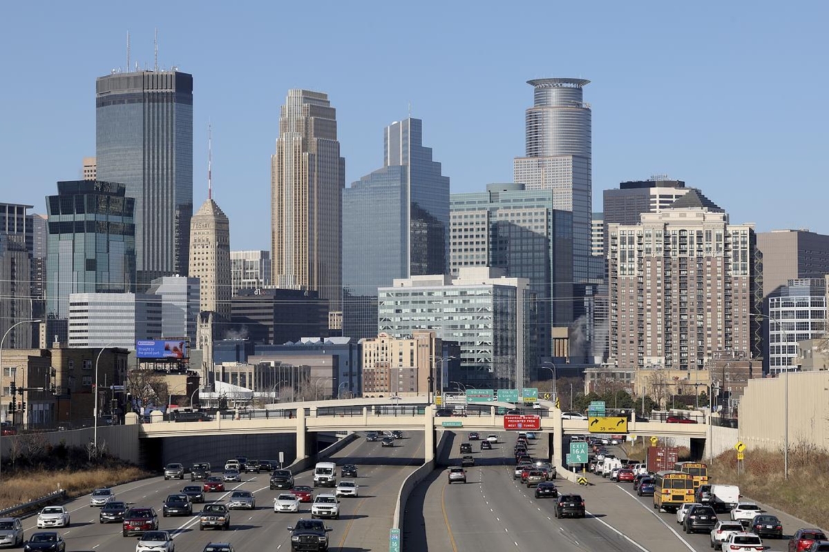 Traffic moves northbound and southbound on 35W with downtown in the background on Friday, Nov. 21, 2025, in Minneapolis, Minn.