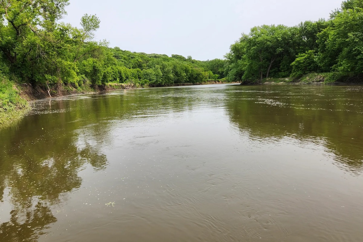 The Minnesota River flowing between tree-lined banks near Franklin in Renville County.