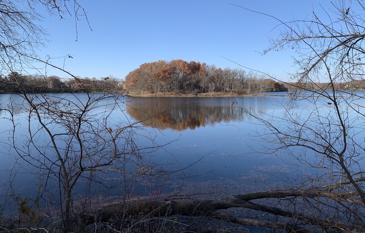 Mitchell Lake’s Belfast Cove in Eden Prairie, viewed from the shore on a calm, clear November day.