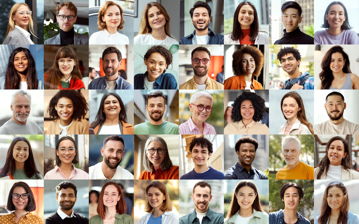 A collage of headshots showing diverse people smiling.