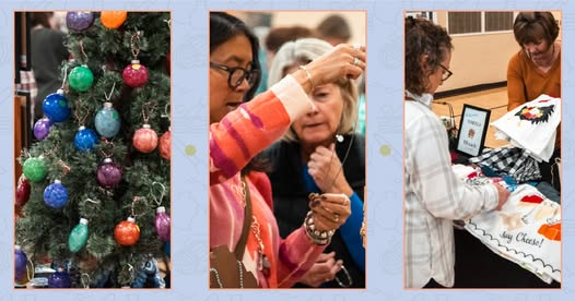 A three photo montage of people shopping at a holiday craft fair.