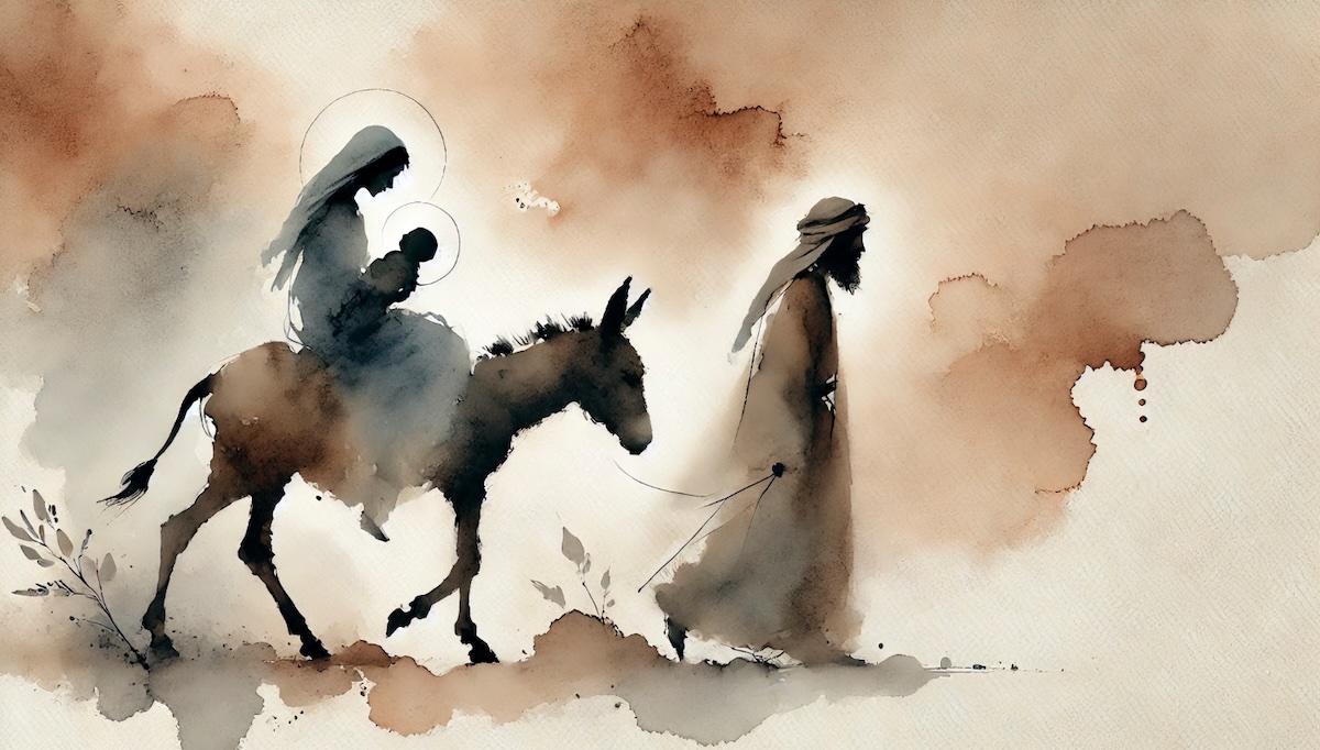 Illustration depicting the Holy Family traveling together.